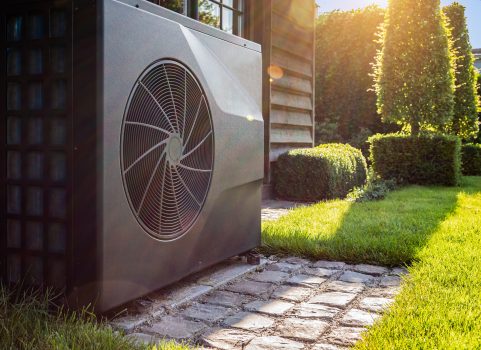 Air heat pump near pool house outdoors. Heat pump